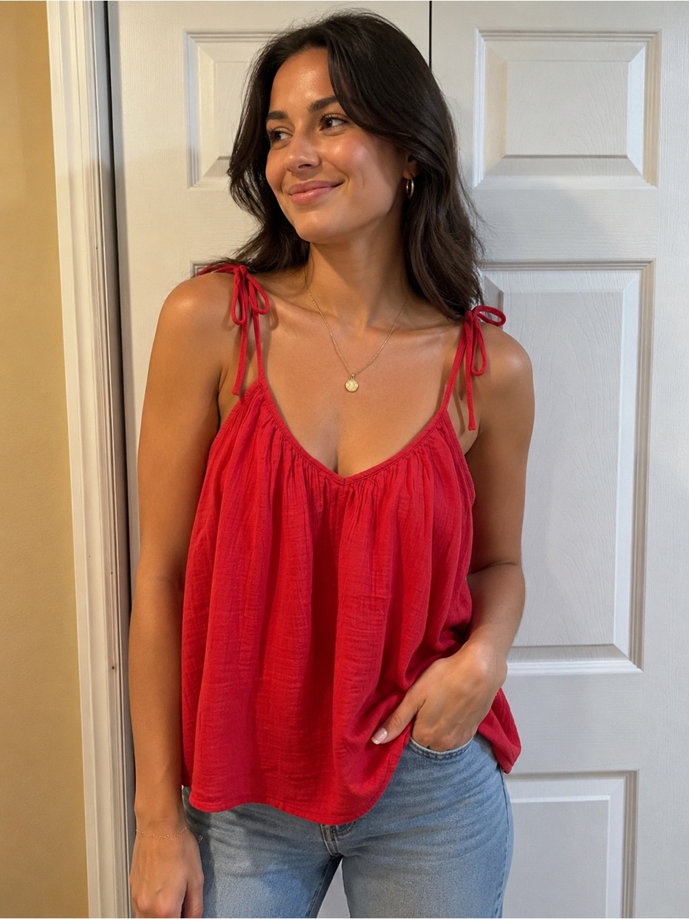 Old Navy Tie-Strap Gauze Tank Top NWT Medium Coral Red Summer Boho